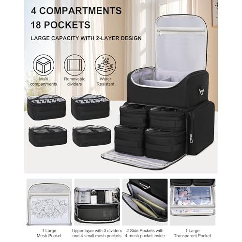 Relavel Tattoo Backpack with 4 Removable Pouches, Tattoo Travel Case with 3 Detachable Dividers, Waterproof Tattoo Carrying Case for Stencil Printer, Equipment and Supplies - Black