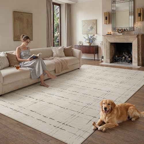 Beige 8x10 Neutral Area Rug - Non-Slip Modern Textured Carpet for Living Room