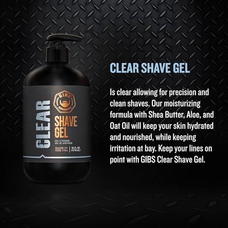 GIBS Grooming Clear Shave Gel, 16oz with pump, Moisturizing shave gel with Shea Butter, Aloe and Oat oil.