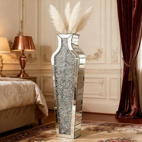 26.8-Inch Silver Crushed Diamond Mirrored Floor Vase with Pampas Grass, Tall Elegant Decor