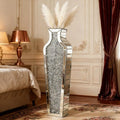 26.8-Inch Silver Crushed Diamond Mirrored Floor Vase with Pampas Grass, Tall Elegant Decor