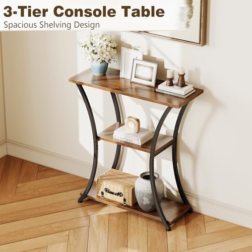 Rustic Brown 3-Tier Console Table with Open Shelves - Narrow Entryway Sofa Foyer