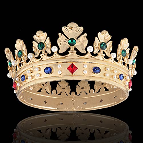 Small Size Baroque Royal Crown Men’s Hair Crown with Green Stone - Gold Finish