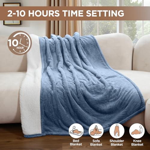 Westinghouse Heated Throw Blanket 50x60 Blue Jacquard Flannel Sherpa Electric