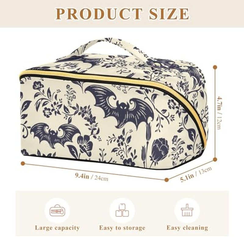 Large Capacity Cosmetic Bag Travel Makeup Bags Goth Bats Wide Open Portable Toiletry Bag Make up Organizer Pouch with Handle
