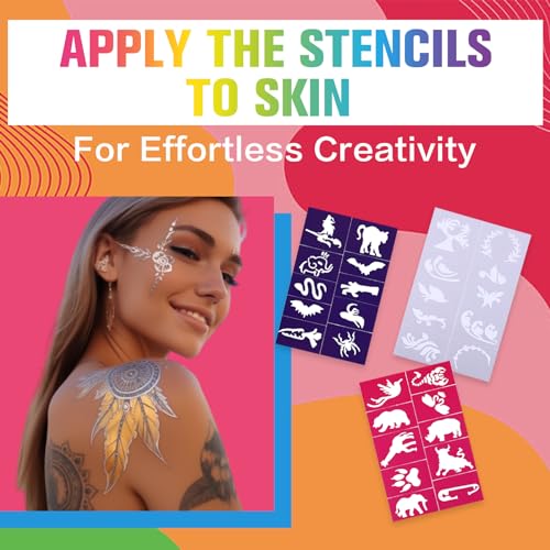 Temporary Tattoo Markers for Skin, 15 Dual Tip Fake Tattoo Pens ? Glitter, Matte, Neon Glow Body Marker with 50 Paint Stencils & 43 Stickers, Washable Markers for Teens & Adlut
