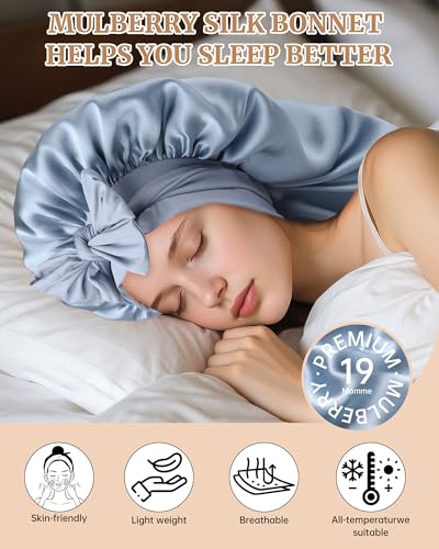Mulberry Silk Bonnet for Long Hair - Sleeping Women & Kids, Haze Blue
