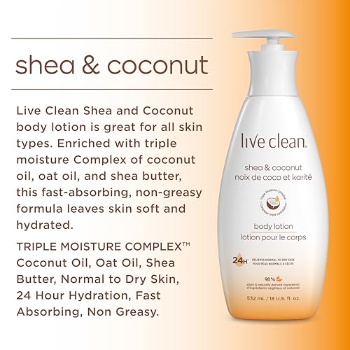 Live Clean Shea & Coconut Moisturizing Body Lotion Pack of 2, 18 Fl Oz - Hypoallergenic & Vegan