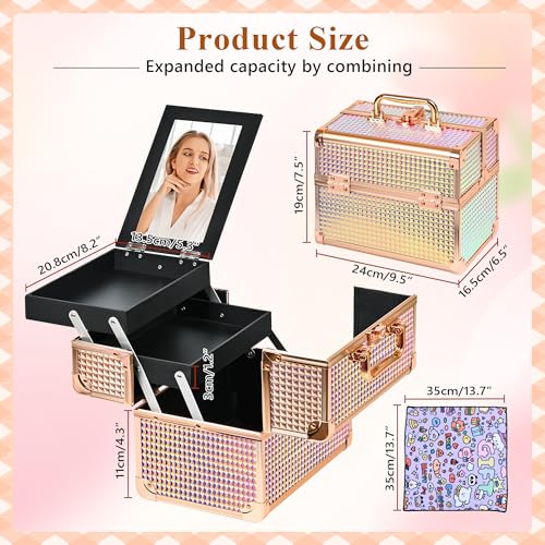 GALHUBIS Colorful Pink Makeup Train Case Organizer with Mirror & Pouch