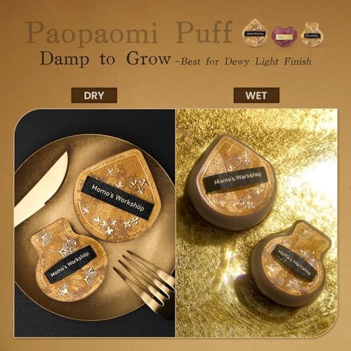 Momo's Workshop Chinese Makeup Sponge 8-Piece Set,Satin PU Leather & Gold Foil, Beauty Makeup Cushion Puffs for Foundation, Blush,Dual Use Sponge Blender Natural and Concealer With Storage case