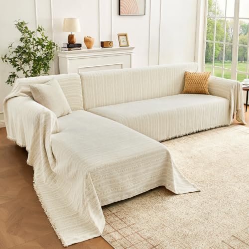 Herringbone Pattern L-Shaped Couch Cover for Sectional Sofa - Cream Khaki 71x118+91x134