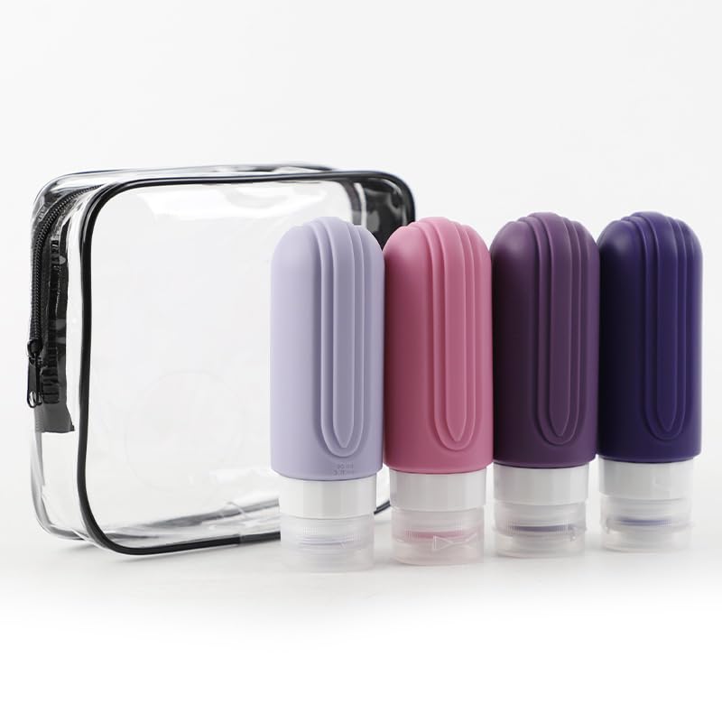 4pcs/Set Travel Bottles for Toiletries, 3oz Refillable Travel Size Containers, Leak Proof Silicone Squeezable Containers, Portable Essentials for Toiletries Shampoo Lotion - Purple