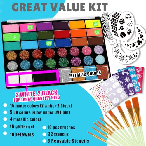 Bowitzki Face Paint Kit for Adults Stencils Glitter Brushes Face Painting Set for Sensitive Skin Water Based FDA Compliant Professional Body Painting (42 new)