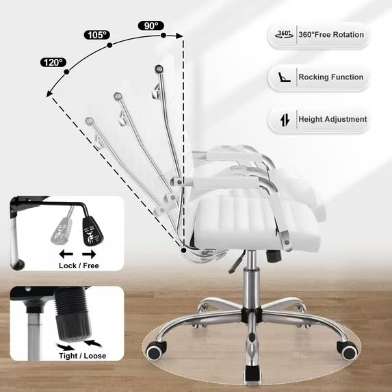 White Mid-Back Office Chair with 360° Swivel & Height Adjustment