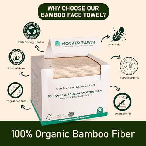 MOTHER EARTH Bamboo Face Towels XL - Hypoallergenic and Disposable Face Wipes | Dry Makeup Removers | Made from Bamboo Viscose | Extra Soft for Sensitive Skin (50 Towels)