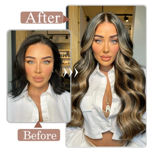 16 Inch Clip-In Hair Extensions - Balayage Chocolate Brown to Caramel Blonde, Remy Human Hair
