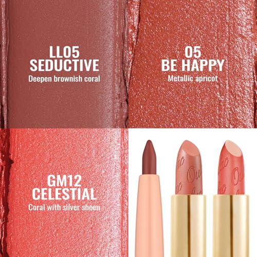 Oulac Lipstick & Lipliner Set 3PCS High Impact Lipcolor with Moisturizing Formula, Vegan Beauty, Full-Coverage Lip Color, Gift Lipstick for Women, LL05+05+GM12
