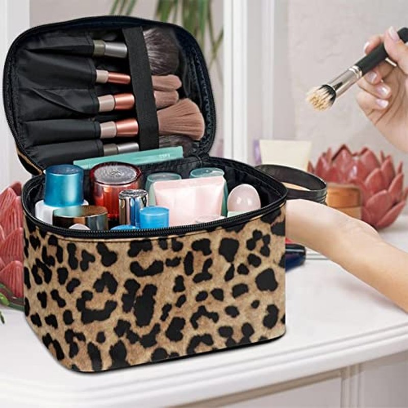 JEOCODY Leopard Print Makeup Pouch Multifunction Cosmetic Bag with Handle Toiletry Bag Waterproof Travel Hanging Organizer Bag for Women Girls
