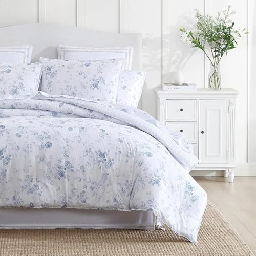 Laura Ashley Belinda Chambray Blue Queen Comforter Set with Shams - Reversible Cotton Bedding