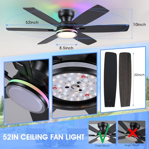 52-Inch Ceiling Fan with RGB Light & Remote - Black 6 Blades, APP Control