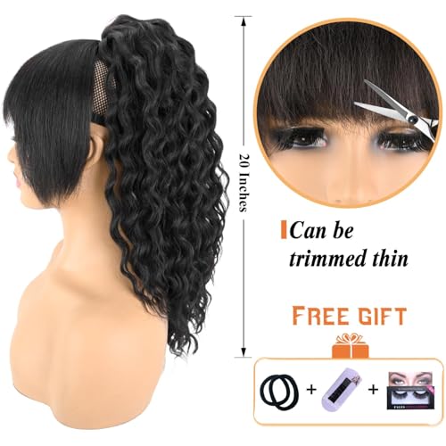 20 Inch Black Curly Ponytail Extension with Bangs - Drawstring Wavy Hairpiece for Women