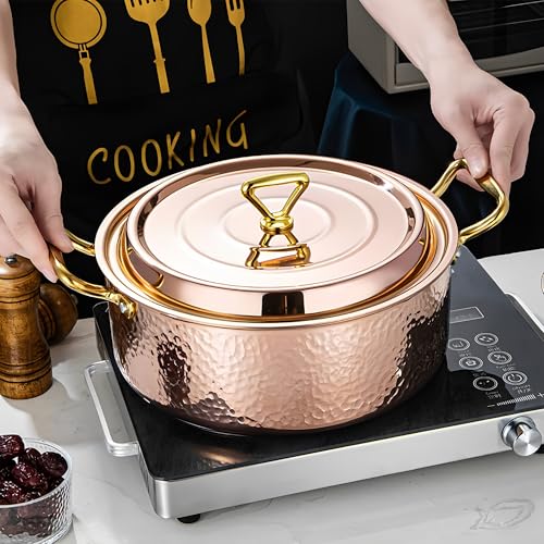 6.7QT Copper Rose Gold Hammered Stock Pot with Lid - Tri-Ply Stainless Steel, Dishwasher & Oven Safe