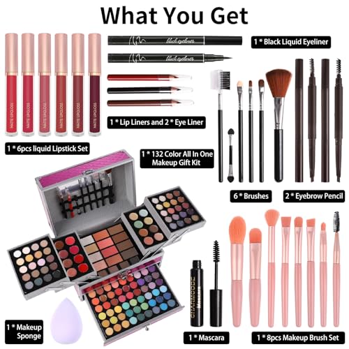 Cerise Makeup Gift Set for Women & Girls, All-in-One Full Makeup Kit with Eyeshadow, Lip Gloss, Concealer, Blush, Contour, Brushes