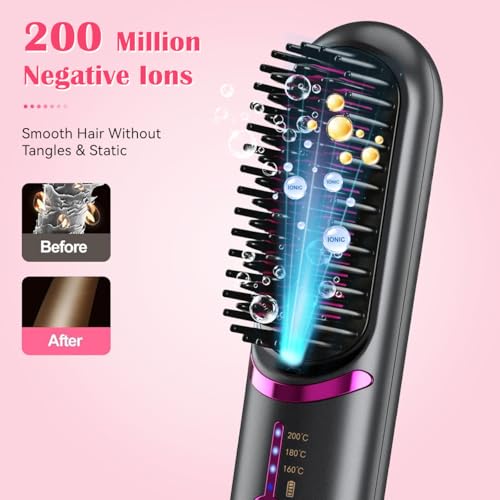 Hatteker Cordless Hair Straightener Brush Black – Portable Travel Flat Iron & Comb