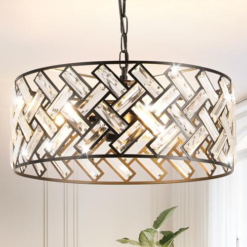 Black Drum Chandelier 16in Crystal Pendant Light for Dining & Kitchen - Criss Cross Variation