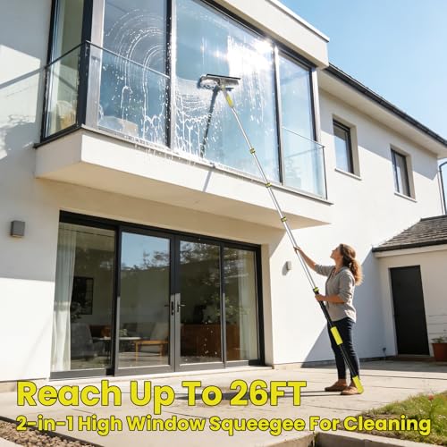 20FT Telescopic Window Squeegee with Extension Pole, 2-in-1 Washable Microfiber & Rotating Head