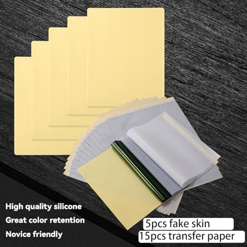 20pcs 3mm Tattoo Practice Skin with Transfer Paper,5PCS Thickness Tattoo Fake Skin Practice Kit Double Side and 15pcs Tattoo Stencil Paper for Tattoo Beginners Practice Tattoo Supplies