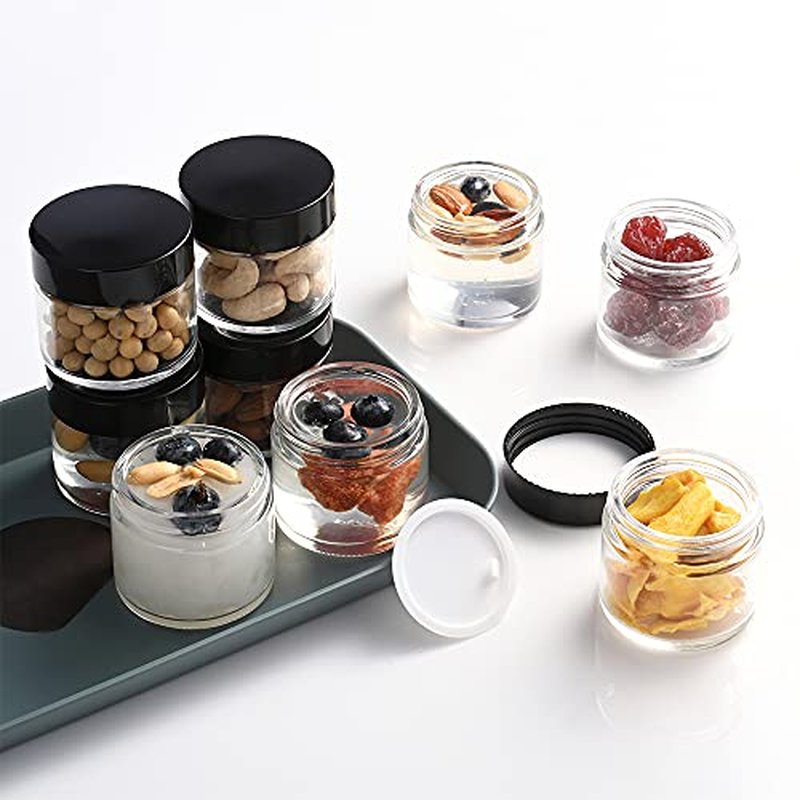 2 oz Round Clear Glass Jars, Bumobum 70 pack Cream Jars with Black Lids, Black and White Labels & Inner Liners, Empty Cosmetic Containers for Cream, Lotion