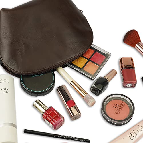 Leather Cosmetic Bags Make Up Bags for Women - Handmade Makeup Case Small Makeup Bags Jewelry Coin Pouch, Toiletry Bag for Men, Travel Cosmetic Pouch For Purse Brown