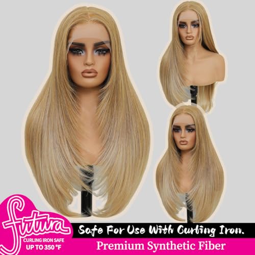 Ombre Blonde Synthetic Lace Front Wig 26in Pre Plucked Layered Straight for Women