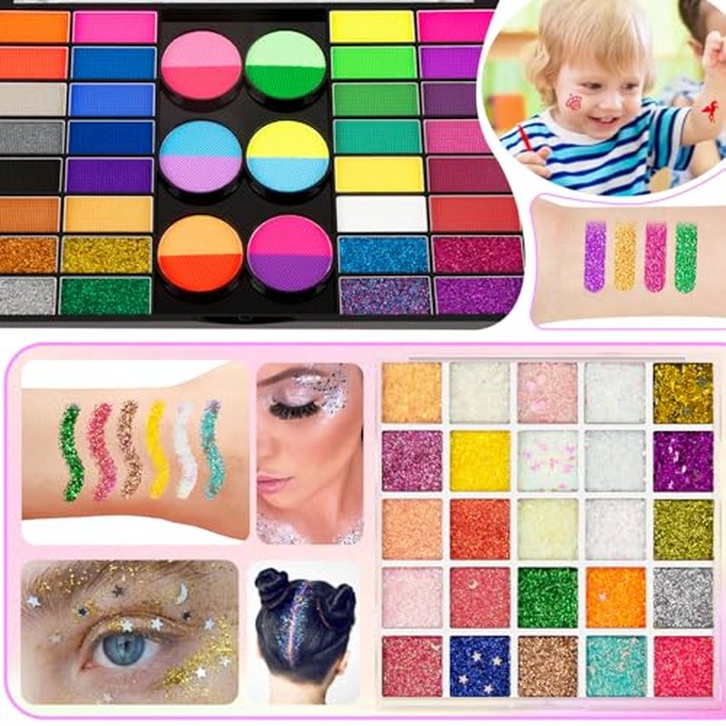 69 Colors Face Painting Kit for Kids - Non-toxic water-activated paint palette with glitter makeup palette, stencils, brushes, Gems, puff. for Kids Party Cosplay Halloween Christmas Carnival.