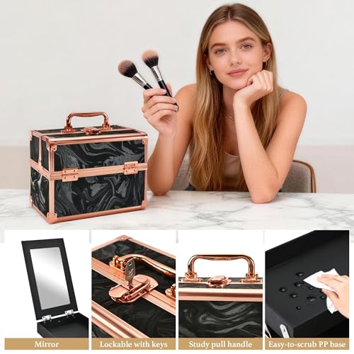 GALHUBIS Rose Gold Black Makeup Train Case with Mirror & 2 Trays - Portable Cosmetic Organizer for Salon & Travel