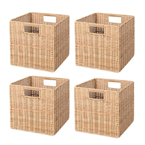 Khaki Collapsible Plastic Wicker Storage Baskets Set of 4 - 10.5 x 10.5 Inches