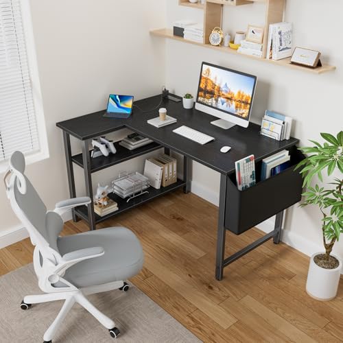 Black 39.4-Inch L Shaped Computer Desk with Power Outlet & Shelves - Small Home Office Corner Desk