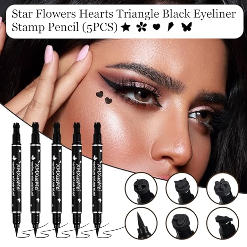 Double Side Liquid Winged Eyeliner Stamp,Smudge Proof Waterproof Eyeliner Pen Set,Long-Lasting Eye Liner Face Makeup,Star Flowers Hearts Triangle Black Eyeliner Stamp Pencil£¨5PCS£© A