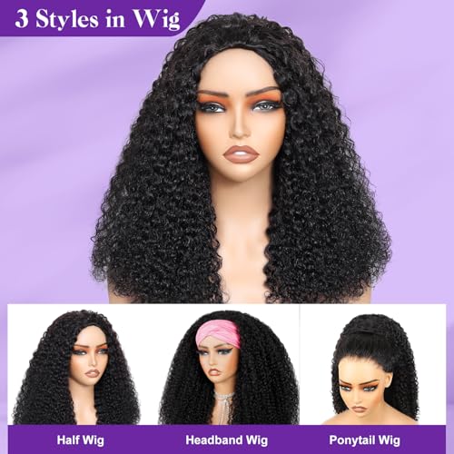 Lace Wigs 17/18 Inch Transparent Lace Human Hair Half Wig 3-in-1 Kinky Curly Flip Over with Drawstring
