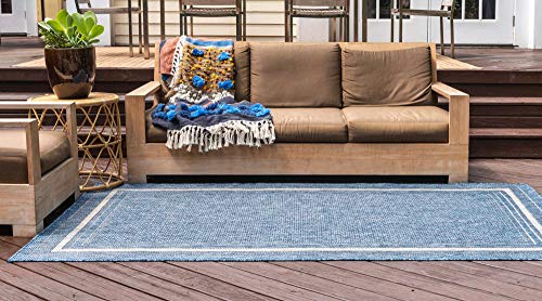 Outdoor Border Area Rug 7'1 x 10' Blue Ivory Rectangular - Unique Loom