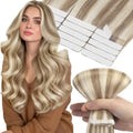Tape-in Hair Extensions Real Human Hair Blonde Highlights #6 Medium Brown + #60A Platinum Blonde 18 Inch 50g 20pcs