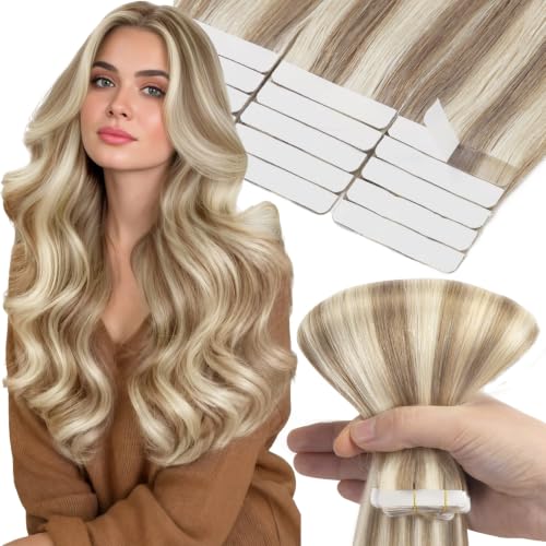 Tape-in Hair Extensions Real Human Hair Blonde Highlights #6 Medium Brown + #60A Platinum Blonde 18 Inch 50g 20pcs