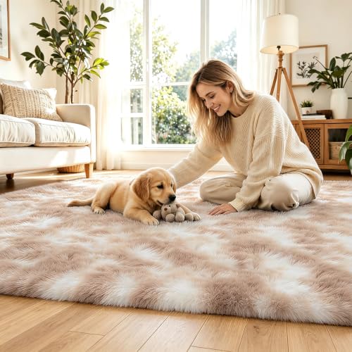 Dark Beige Tie-Dyed 8x10 Area Rug - Plush Shaggy Carpet for Living Room