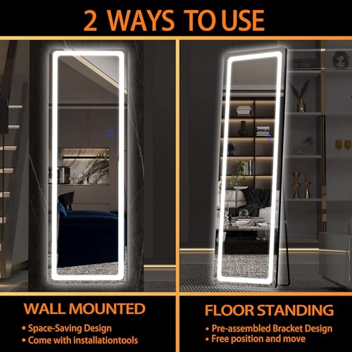 Full Length LED Floor Mirror with Lights - 56 x 16 Inches, Black, Dimmable & Wall Mountable