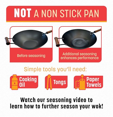 Joyce Chen 14-Inch Preseasoned Carbon Steel Wok - Classic Series, Non-Stick, Ready to Use
