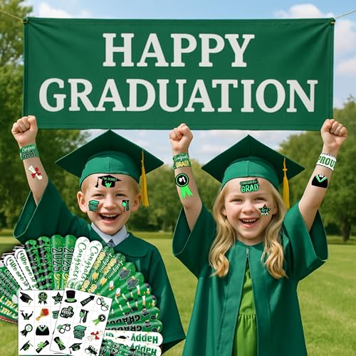 48 PCS 2025 Graduation 24PCS Temporary Tattoos Stickers 24PCS Slap Bracelets Wristbands Perfect for Themed Class Party Supplies Grad & So Proud of You High School College (Green)