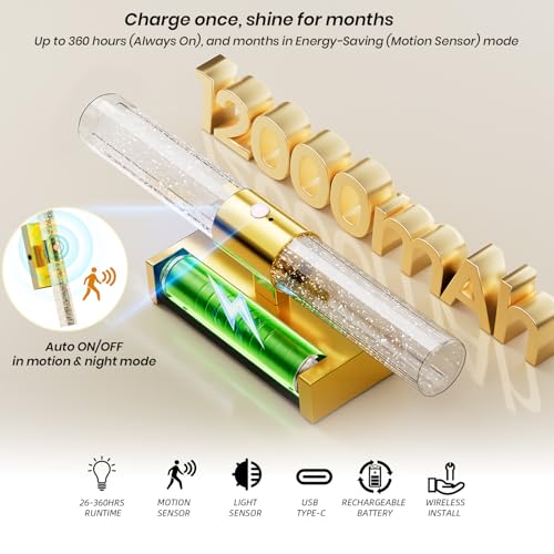 Wireless Rechargeable Wall Sconces Set of 2 with Remote - Brushed Gold & Bubble Crystal
