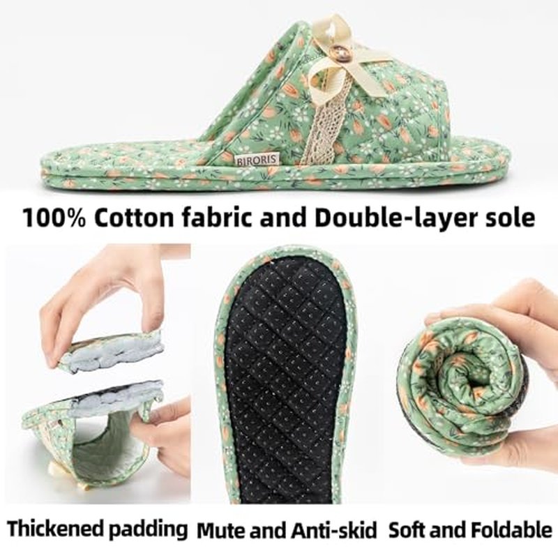 3 Pairs Floral Cotton House Slippers for Women, Open Toe Indoor Slippers Comfortable Washable Portable Foldable Guest Travel Hotel Airplane Spa Slippers