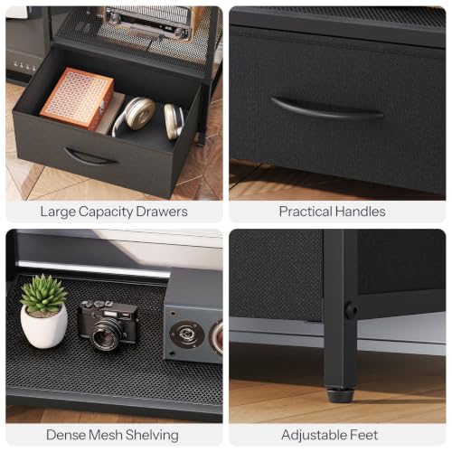 Black LED TV Stand with Storage for 55-Inch TVs, Open Shelves & Drawer